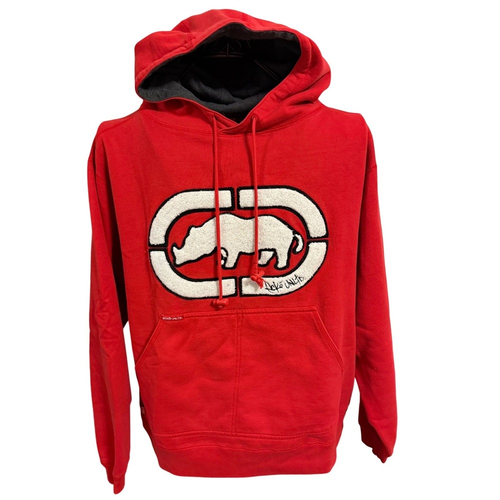 Y2k Vintage Ecko Unltd Pullover Hoodie Red Rhino Logo Sweatshirt Chenille Patch